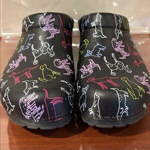 Dansko 36 Like new Black Kane EVA Slip-On Clogs with Colorful Dog Sketches